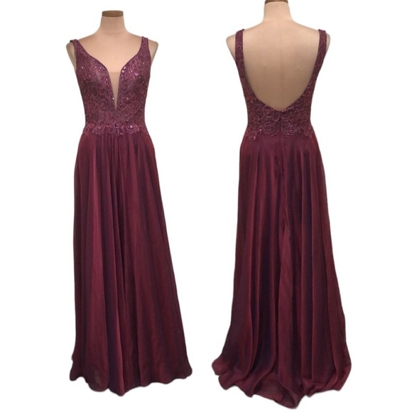NWT La Femme Gown Formal Maxi Dress Size 6 Burgundy Floral Lace Style 25513 - Picture 1 of 11